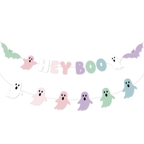 Pastel Halloween Ghost & Bat Garland Set - Cute Ghost Decor for Fireplace Mantle - Variation: Pastel