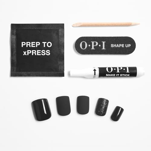 OPI On Point Press-On Nails - Short Squoval Black Matte with Glitter - 30 Count with Nail Glue