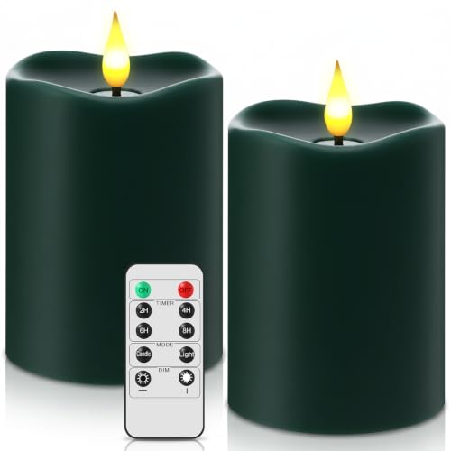 Retisee Flameless LED Candles with Remote, Real Wax, Dark Green, 3x4 Inches - Pack of 2