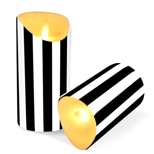 Set of 2 Flameless Candles with Remote - White & Black Stripe, Small & Large, Realistic LED Taper Candles