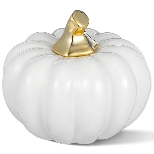 White Ceramic Pumpkin Decor - Halloween Table Ornament for Home & Holiday