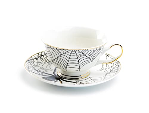 Black Spider Tea Cup and Saucer Set with Gold Trim - Halloween Decor