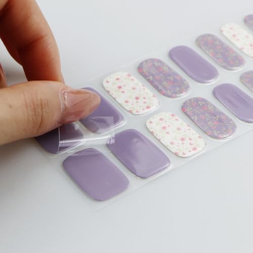 Semi Cured Gel Nail Art Sticker Wrap - White Purple Flower, 20 Strips