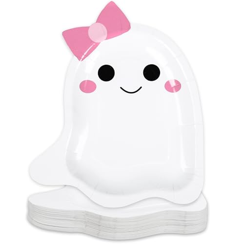 Halloween Ghost Paper Plates with Pink Bow - 50 Pack Disposables