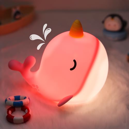Pink Narwhal Night Light for Kids, Silicone Bedside Lamp with Dimmable & 30-Min Timer