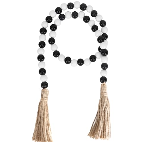Halloween Wooden Bead Garland - Black & White Rustic Xmas Decor, 39 Inch