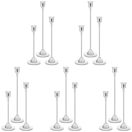 Silver Candlestick Holders Set of 15 - Metal Taper Candle Holders with Different Heights