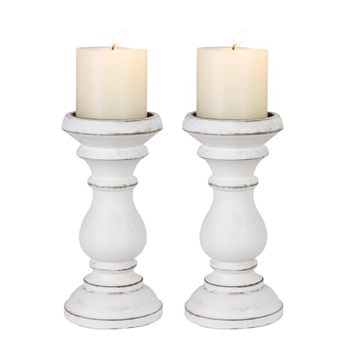 Antique White Wooden Candle Holders Set of 2 for Pillar Candles - Farmhouse Rustic Decor