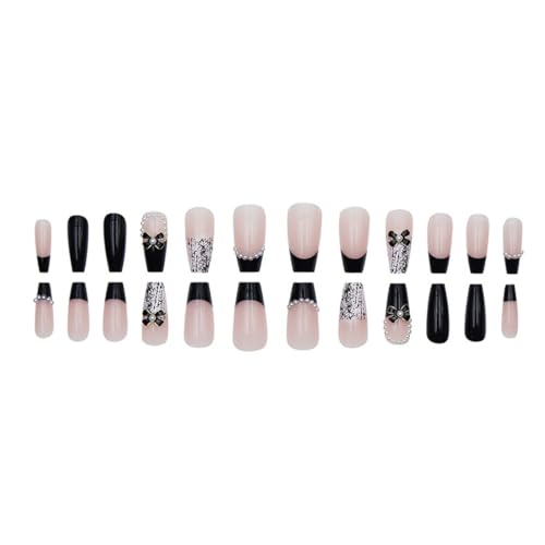 Colorful Medium Length Press-On Nails with Black Bow Pearl Design - Reusable Fake Nails, Coffin Shape, 24 Pack