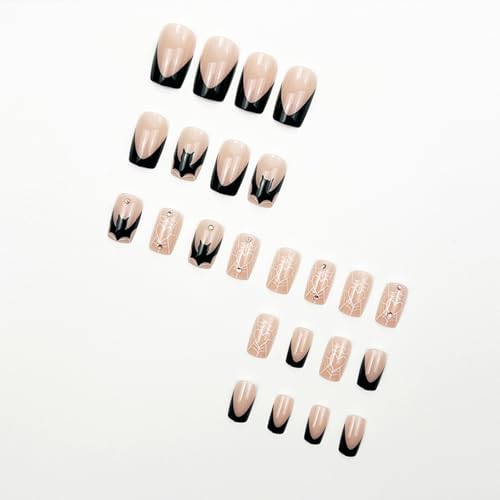 Halloween Press On Nails Medium Square Fake Nails with Spider Web Bat Design - Halloween Fake Nails 30