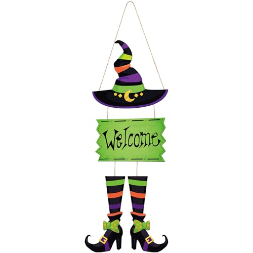 Halloween Witch Sign Decoration Welcome Hanging Wooden Wall Decor - Witch Hat & Legs