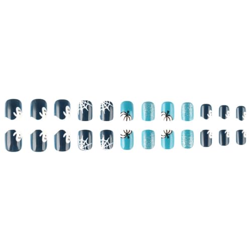 Halloween Short Square Press On Nails with Ghost Pumpkin & Web Design - Blue Glitter Full Cover Reusable 24Pcs - Variation: Color33