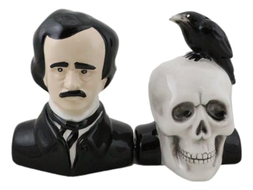 Gothic Edgar Allen Poe & Black Raven Skull Salt & Pepper Shakers Set - Macabre Decor