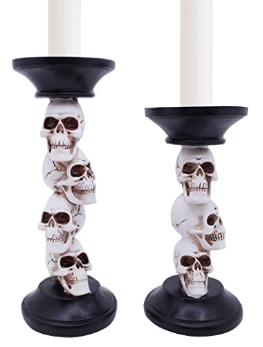 Halloween Skull Candle Holder Set of 2, 9.5 Inch Polyresin Decor for Fireplace & Table