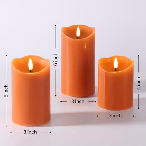Eywamage Burnt Orange Fall Halloween Flameless Pillar Candles with Remote Set of 3