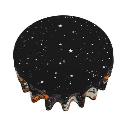 Halloween Round Tablecloth 60 Inch Ghost & Jack-o'-Lantern Design Water-Resistant Washable Table Cover - Black Cats Variation