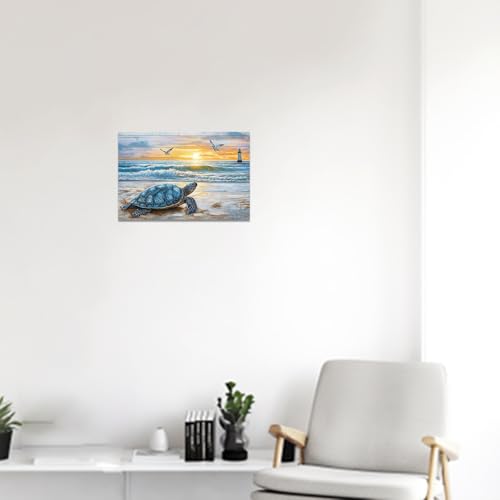 Sea Turtle Wall Art Canvas Painting - Beach Ocean Lighthouse Coastal Decor, Blue, 12x18 inches