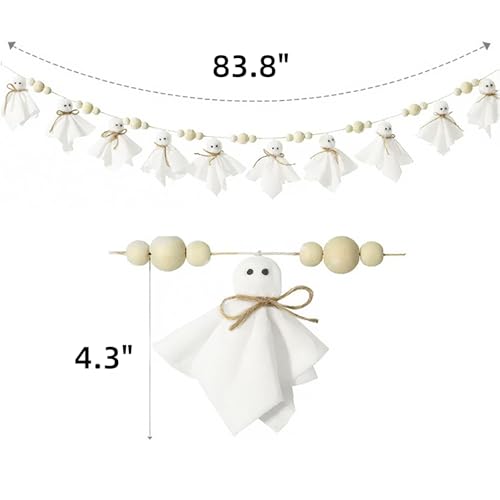 7Ft Halloween Ghost Garland with Wooden Beads - Rustic White Wall Decor