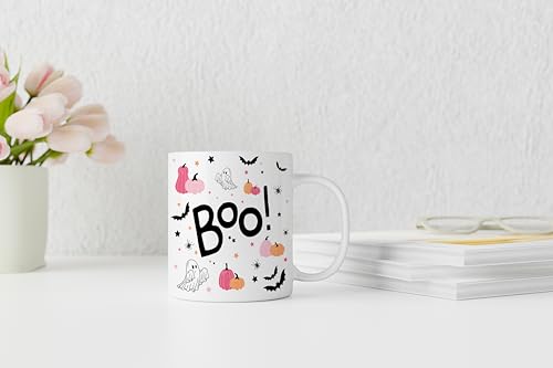 Pink Halloween Ghost Mug - 11oz Ceramic Coffee Tea Cup for Women & Girls - Variation White-7