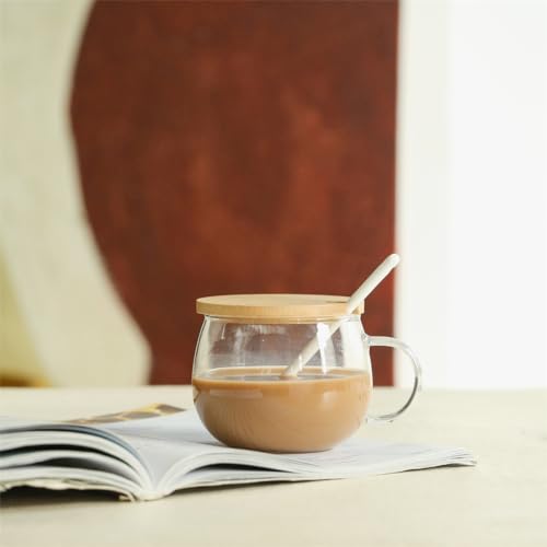 Belly Mug with Bamboo Lid & Tulip Spoon - 350ml Clear Glass Coffee Tea Cup