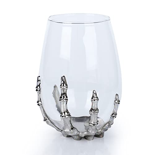 Halloween Skull Wine Glass with Skeleton Ghost Hand - Clear Silver Base