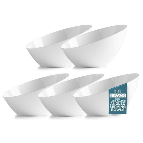 White Angled Plastic Serving Bowls - 8oz Small Set of 5 Disposable Party Tableware