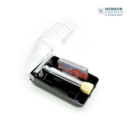 MERKUR 570 Shaving Set with 500C Adjustable Safety Razor, Short Handle, 10 Super Platinum Double Edge Blades & Protective Case, Precision Germany Design