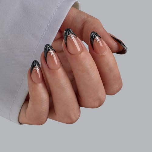 Press On Nails Kit - Black Almond French Tip, 32 Pcs with Gel Glue & Tools - Midnight Spark Variation