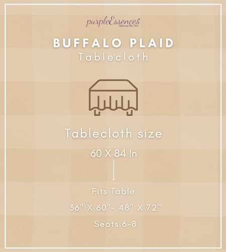 Buffalo Plaid Tablecloth 60x84 Inches - Beige & White, Reusable and Spillproof