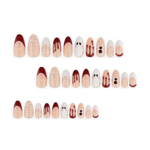 Halloween Fake Nails - Red Spider & Ghost Design Press-On Almond Nails, Reusable, 24Pcs