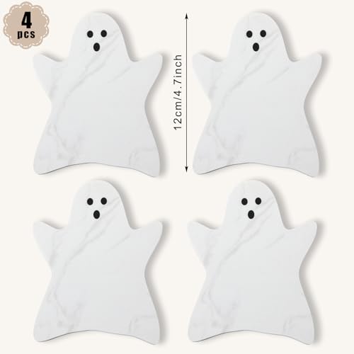 Halloween Ghost Marble Coasters Set - White, 4 Pieces, 4.7 x 3.9 Inches