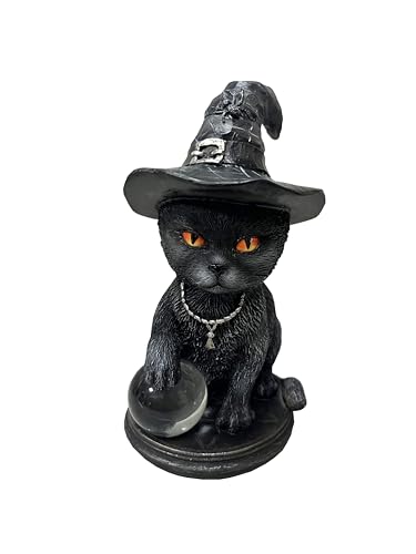 Gothic Black Cat Figurine Witch Cat with Glass Ball - Handcrafted Resin Decor
