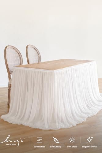 14FT Off-White Table Skirt for Wedding - Chiffon Desk Skirt with Velcro
