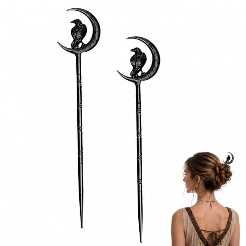 RLMN Viking Raven Hair Sticks - Gothic Moon Hair Pins for Women - 2 Pack