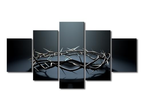 5 Panel Wall Art Christ Canvas Prints with Crown of Thorns - 60 x 32 Inches - Framed Modern Home Decor - Variation: 60''Wx32''H / Artwork-04