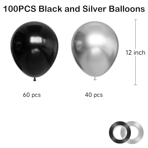 Black Silver Balloons Set - 12 Inch, 100 Pack with Ribbons - Variation of Black Silver