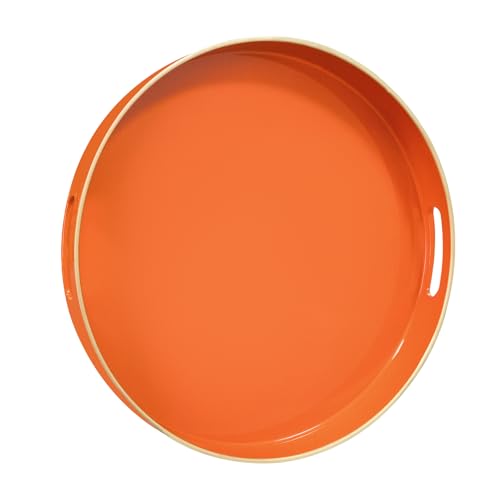 13-Inch Orange Decorative Serving Tray with Handles - Round Plastic Organizer