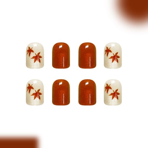 Halloween Thanksgiving Short Square Press-On Nails with Cat's Eye Maple Leaves - 24Pcs Design H01