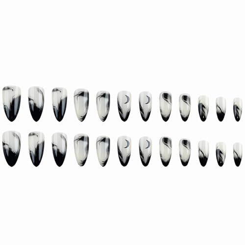 Press On Nails Medium Almond Goth Black Moon Design - 24 pcs with Glue - Variation 10701Black