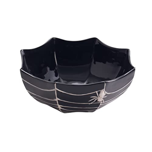 Halloween Spider Web Ceramic Candy Bowl 9.5 Inch Black Treat Dish - Microwave & Dishwasher Safe