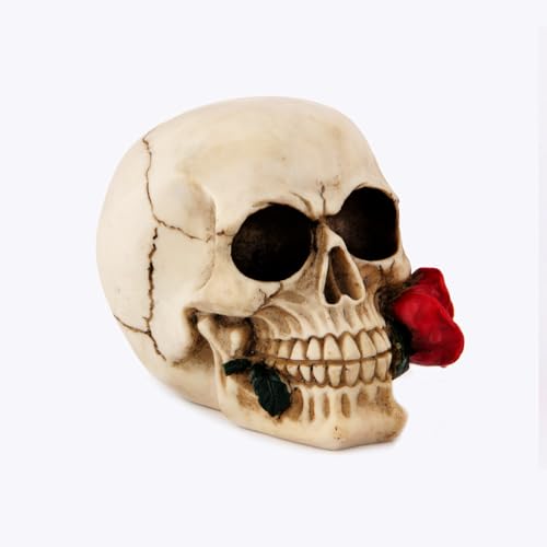 Halloween Skeleton Skull Decor with Rose Flowers, 8.1 Inch Gothic Statue