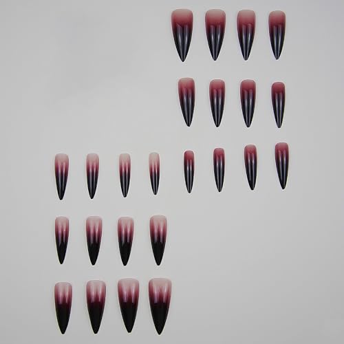 MISUD Long Stiletto Fake Nails with Goth Red Black Ombre - 24 pcs with Nail Glue - Variation 10512Red&Black