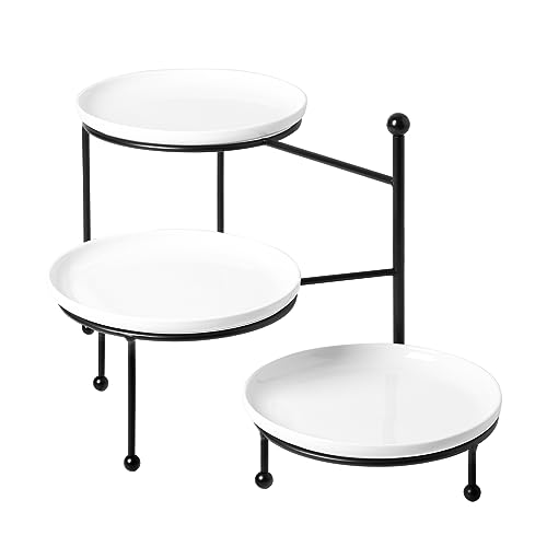 Black 8-Inch 3-Tier Serving Stand with Porcelain Plates for Entertaining