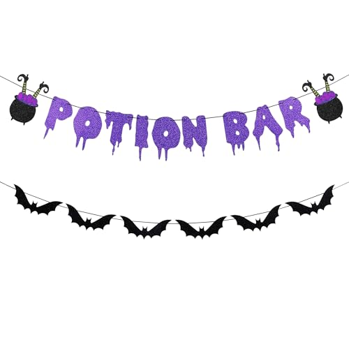 Halloween Glitter Potion Bar Banner with Bat Garland - Spooky Party Decor