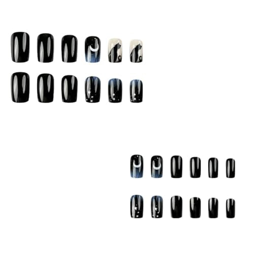 Halloween Short Square False Nails with Blue Black Star Moon Cat Design - Style15