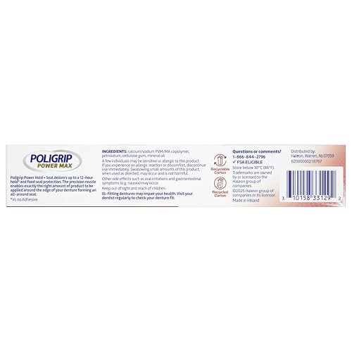 Poligrip Power Max Power Hold plus Seal Denture Adhesive Cream, Denture Cream for Secure Hold and Food Seal, Flavor Free - 2.2 oz (Pack of 4)