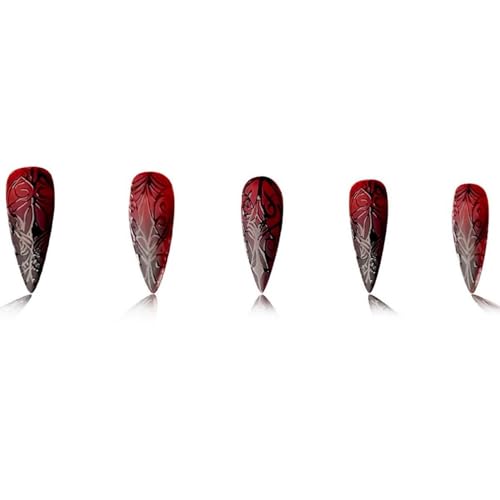 Halloween Press On Nails Red Black Gradient Fake Nails - Medium Almond, Reusable, 24 Pcs - Halloween Style 017