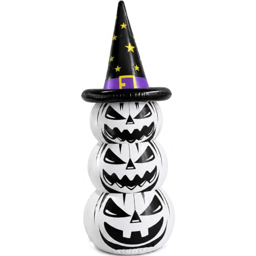 Inflatable Halloween Pumpkin Decoration - 67 Inch White Jack O Lantern Yard Decor with Witch Hat for Outdoor Lawn Porch Garden