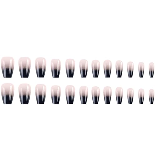 French Tip Press-On Nails Short Coffin Style Black White Gradient Fake Nails with Design - Colorful-13