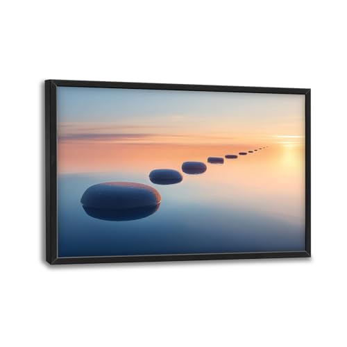 Calming Zen Stone Wall Art - Sunset Meditation Canvas Print 36x24 with Frame